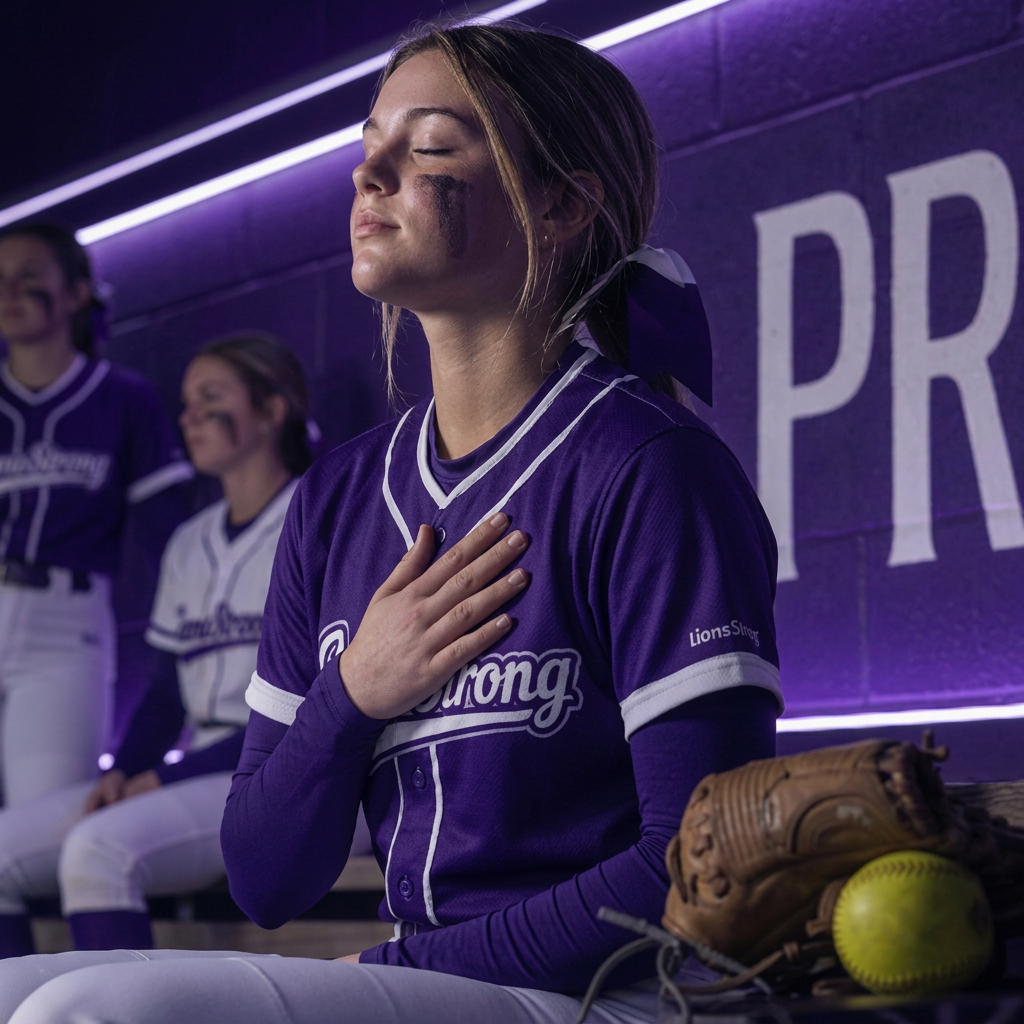Young softball player with hand on chest, centering herself