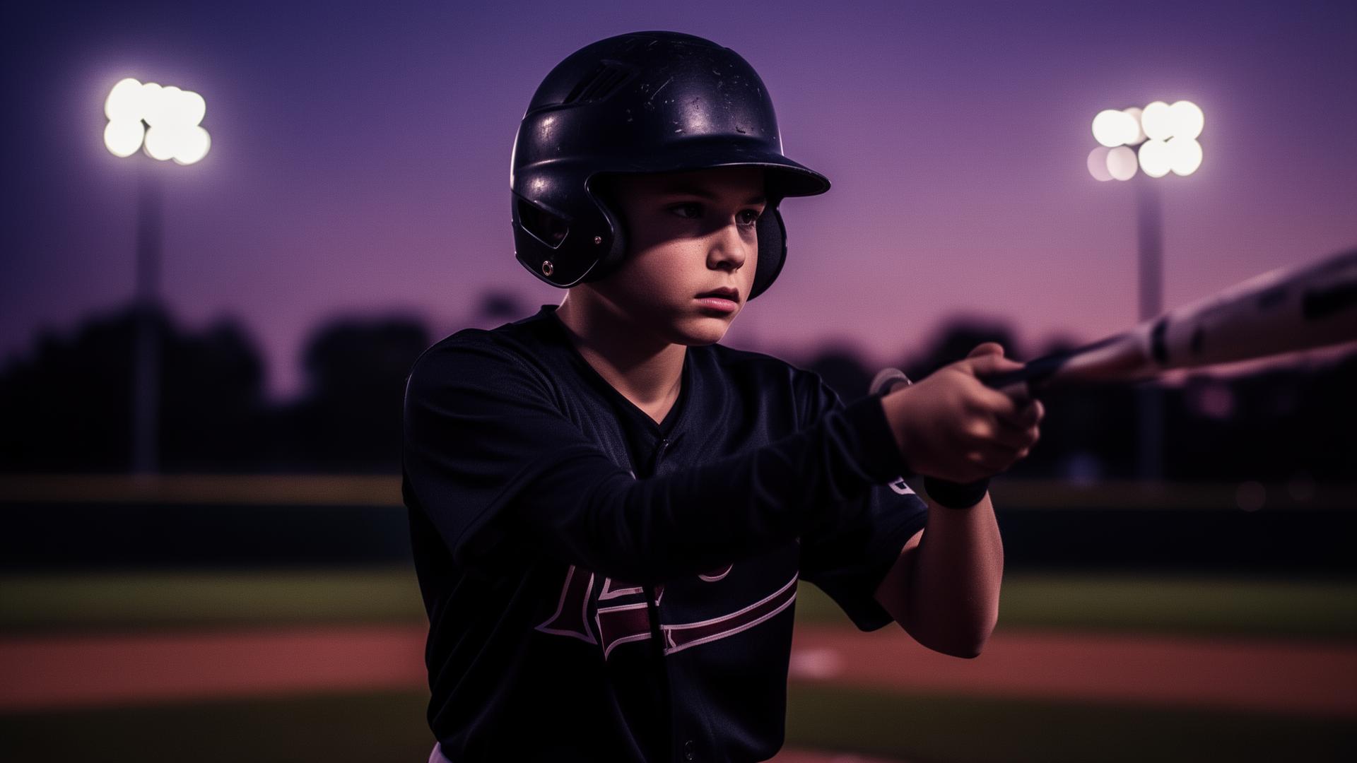 Young baseball athlete focused at bat under stadium lights