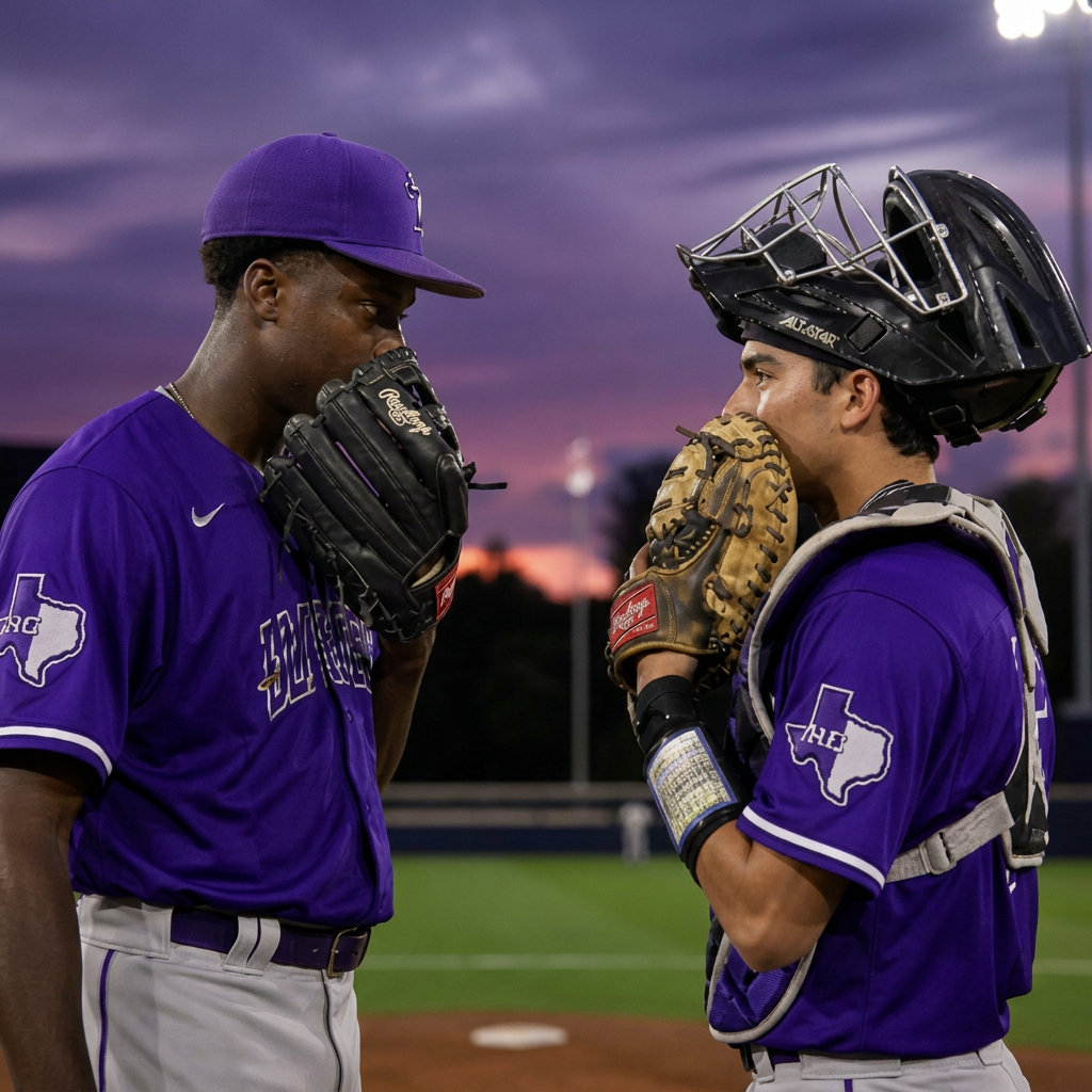 Pitcher and catcher conferring on the mound at sunset