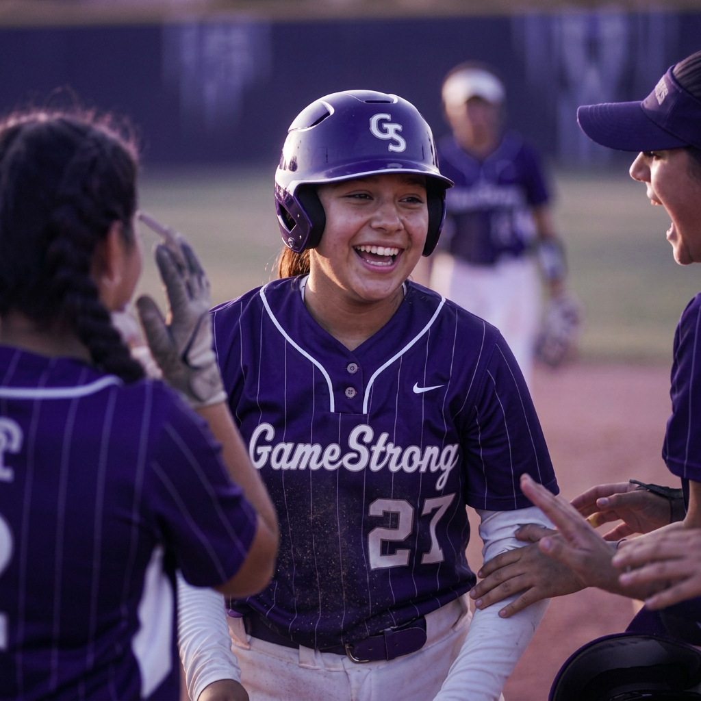 Softball teammates celebrating together after a play